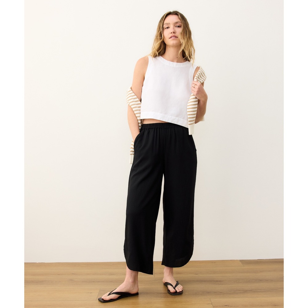 Marine Layer Black Double Gauze Wide Leg Smocked Crop Pants Side Slit Small